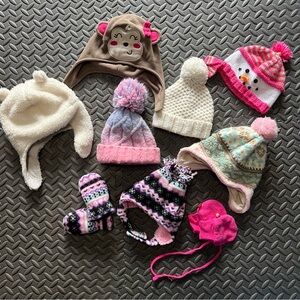 Adorable baby Girls Winter Hat and‎ Mitten Lot of 7 Hats and 2 mittens